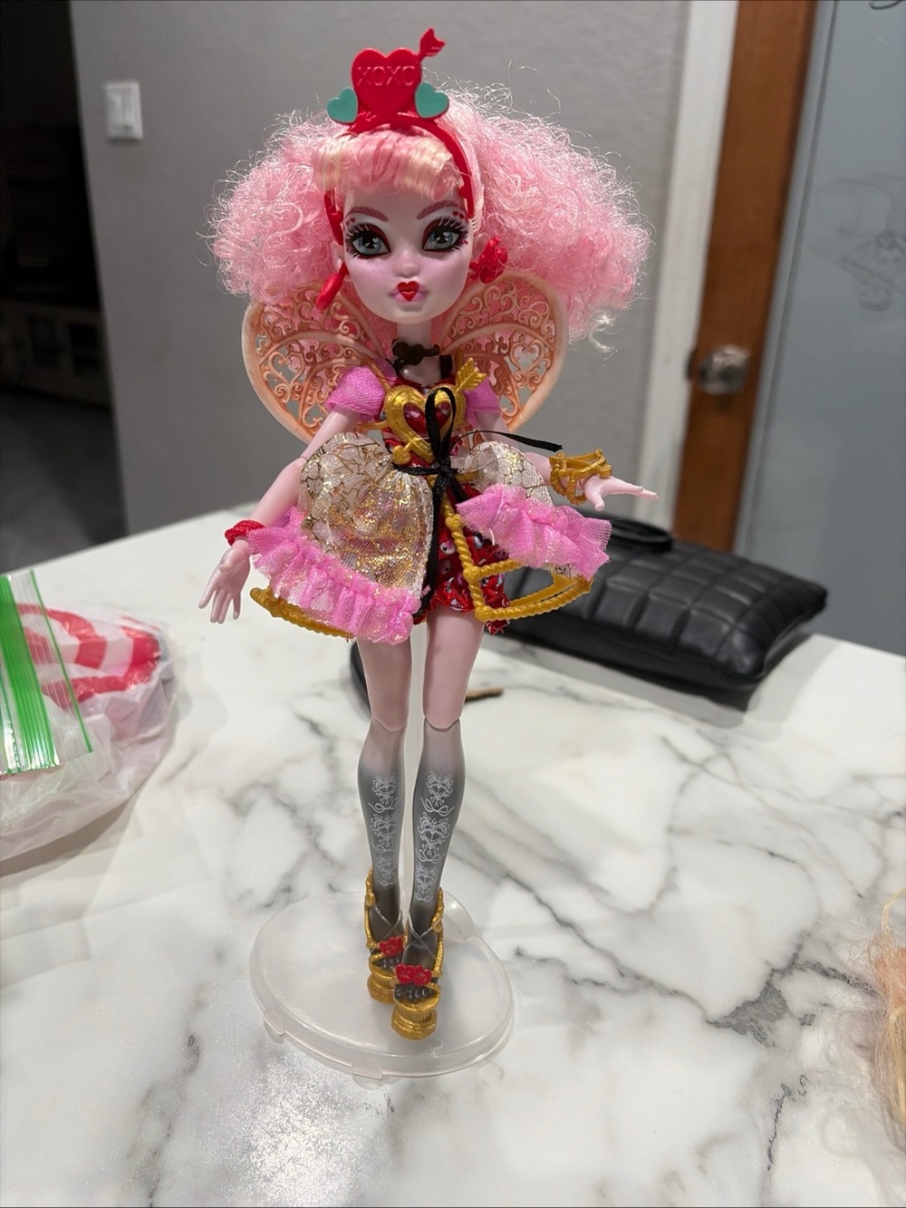 Pink Curly-Haired Fantasy Fashion Doll with Gold Accent Outfit